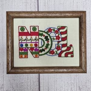 Vintage NOEL Christmas Cross Stitch Embroidery Framed Holiday Needlework